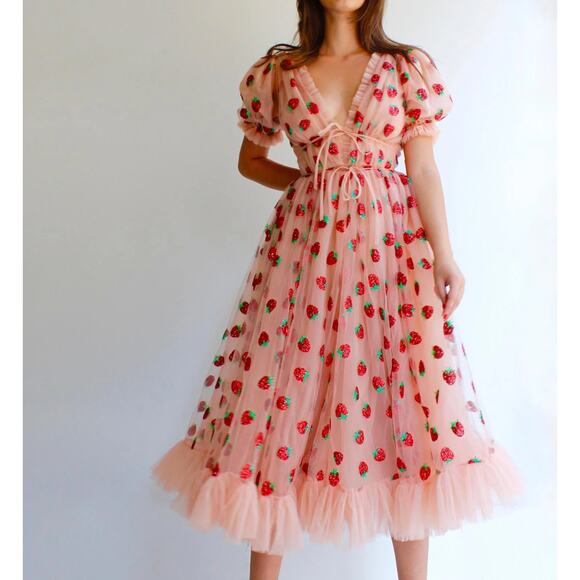 Lirika Matoshi Pink Glitter Strawberry Tulle Maxi Gown Dress Size Small - Picture 1 of 7